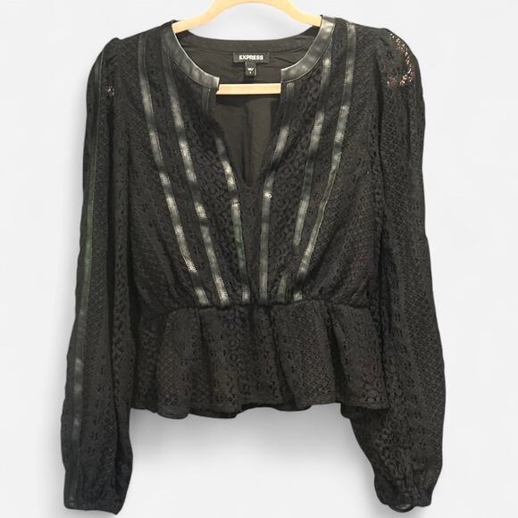 Express Black Lace And Faux Leather Trim Long Sleeve Peplum Top Boho French Chic - Picture 2 of 8